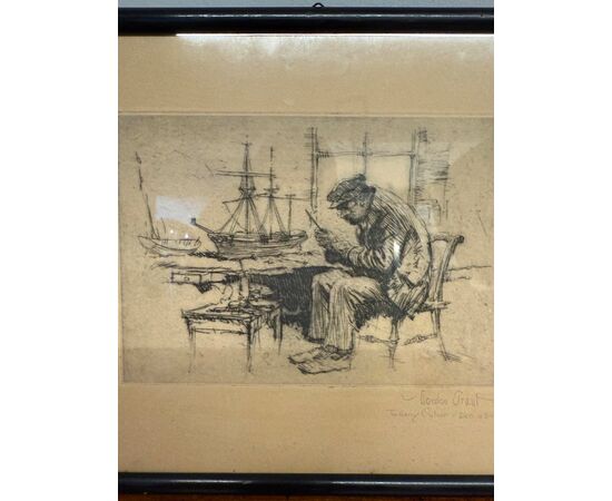 Antica incisione Gordon Grant, 41x31cm 1927, personaggio al porto