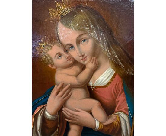 Antico dipinto Vergine e Bambino, XIX sec, 74x58cm