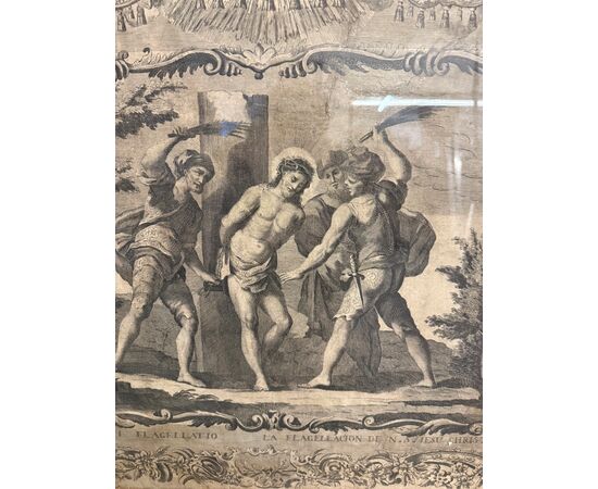 Antique etching of the flagellation of Christ, 16th century, 89x65cm