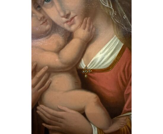 Antico dipinto Vergine e Bambino, XIX sec, 74x58cm