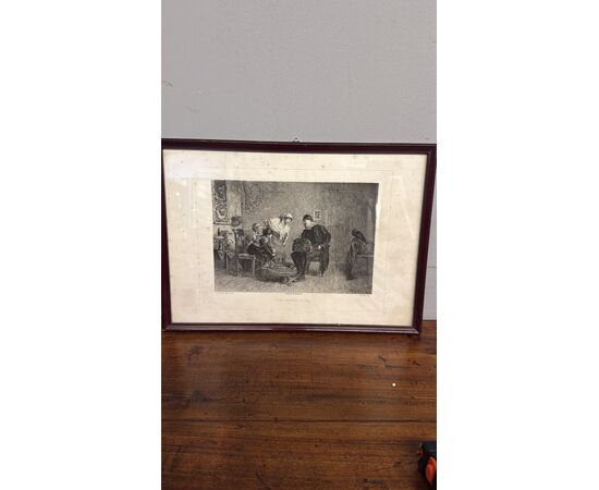 Antica incisione '800 Celestino Turletti. Ben arrivato Lo Zio, 44x32cm