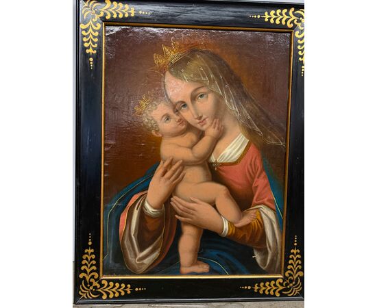 Antico dipinto Vergine e Bambino, XIX sec, 74x58cm