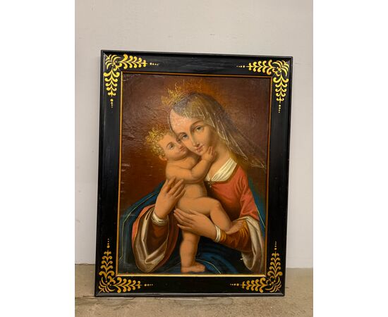 Antico dipinto Vergine e Bambino, XIX sec, 74x58cm