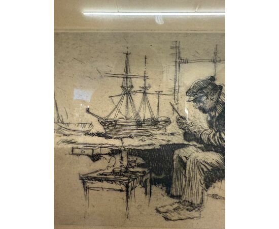 Antica incisione Gordon Grant, 41x31cm 1927, personaggio al porto