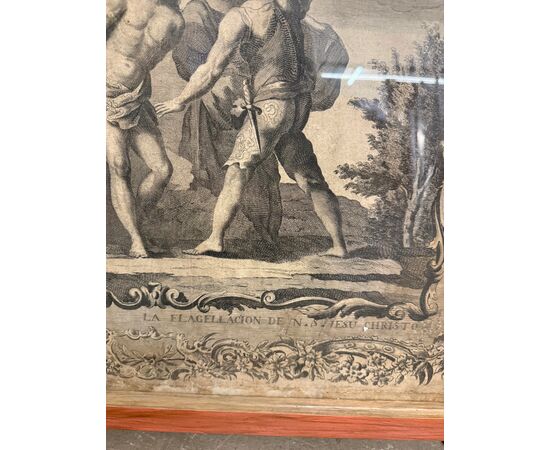 Antique etching of the flagellation of Christ, 16th century, 89x65cm