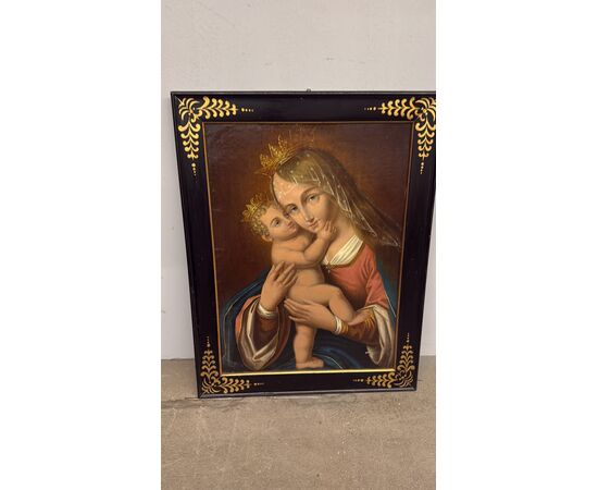 Antico dipinto Vergine e Bambino, XIX sec, 74x58cm