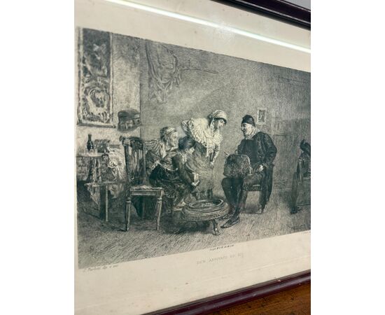 Antica incisione '800 Celestino Turletti. Ben arrivato Lo Zio, 44x32cm