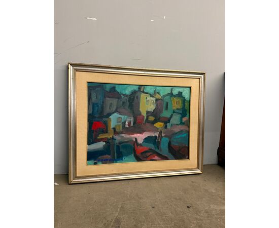Dipinto materico paesaggio case moderno anni '60, 80x60cm