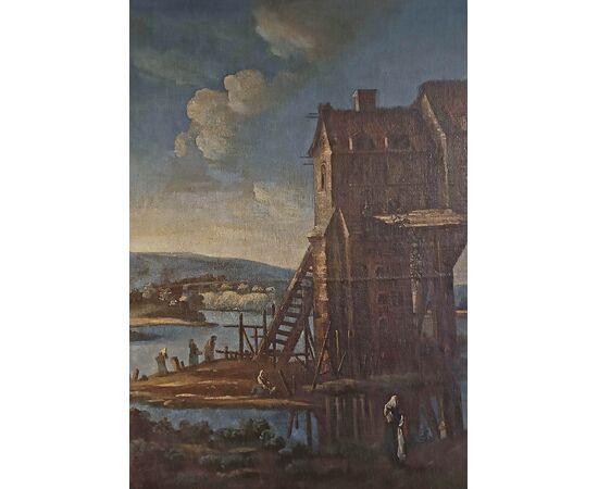 GRANDE DIPINTO CON PAESAGGIO E FIGURE FINE DEL XVII SECOLO
