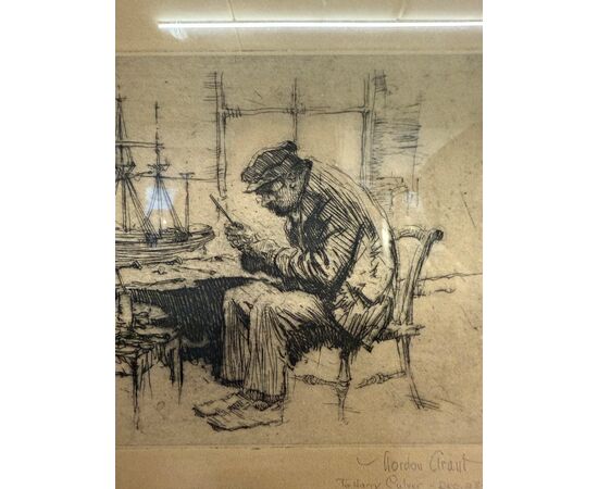 Antica incisione Gordon Grant, 41x31cm 1927, personaggio al porto