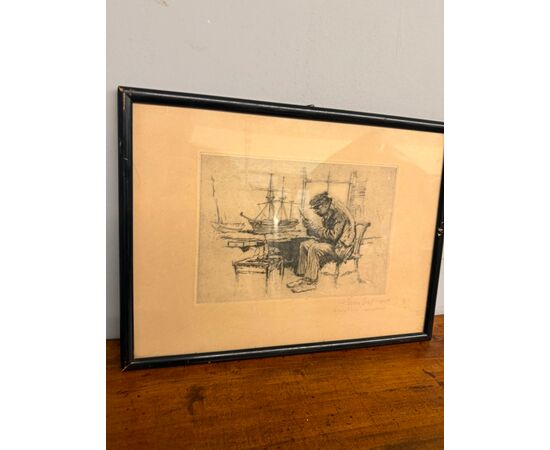 Antica incisione Gordon Grant, 41x31cm 1927, personaggio al porto