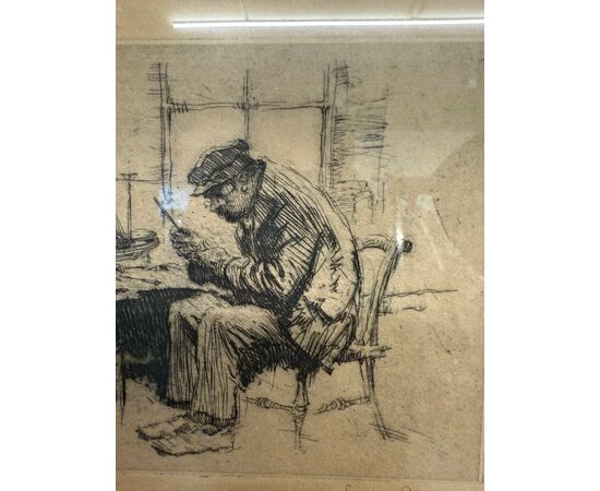 Antica incisione Gordon Grant, 41x31cm 1927, personaggio al porto