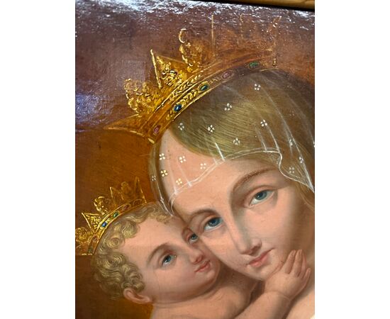 Antico dipinto Vergine e Bambino, XIX sec, 74x58cm