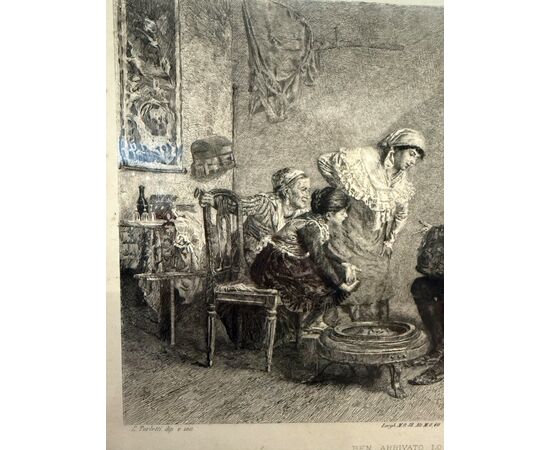 Antica incisione '800 Celestino Turletti. Ben arrivato Lo Zio, 44x32cm