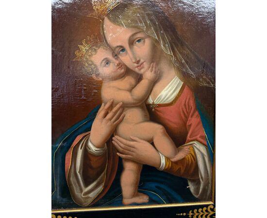 Antico dipinto Vergine e Bambino, XIX sec, 74x58cm