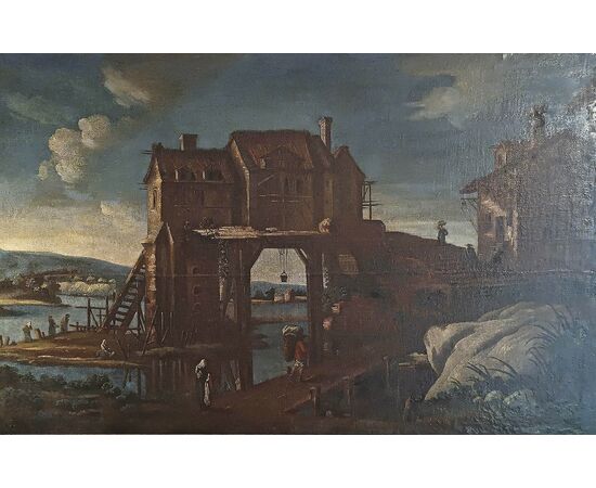 GRANDE DIPINTO CON PAESAGGIO E FIGURE FINE DEL XVII SECOLO
