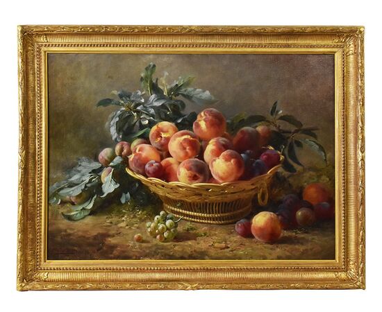 DIPINTI ANTICHI, NATURA MORTA  CON FRUTTA, CESTO DI  PESCHE E PRUGNE, OLIO SU TELA, XIX SECOLO. (QNM590)