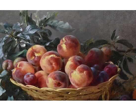 DIPINTI ANTICHI, NATURA MORTA  CON FRUTTA, CESTO DI  PESCHE E PRUGNE, OLIO SU TELA, XIX SECOLO. (QNM590)