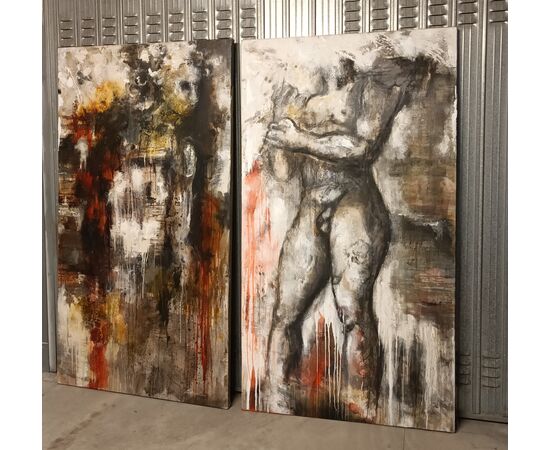 Coppia di olii su tela nudo figurativo arte moderna firmato
