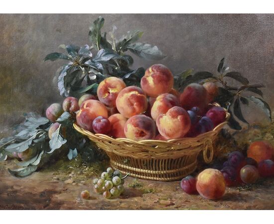 DIPINTI ANTICHI, NATURA MORTA  CON FRUTTA, CESTO DI  PESCHE E PRUGNE, OLIO SU TELA, XIX SECOLO. (QNM590)
