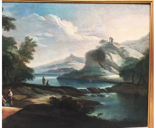 Giovanni Domenico Gambone (1720/ 1793) cerchia di, Paesaggio fluviale con viandanti e pastori, olio su tela Giovanni Domenico Gambone (1720/ 1793) cerchia di, Paesaggio fluviale con viandanti e pastori, olio su tela