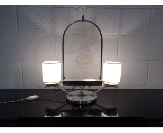 Unique two-light lamp in metal and glass, 20th century Unique two-light lamp in metal and glass, 20th century