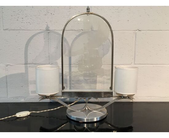 Unique two-light lamp in metal and glass, 20th century Unique two-light lamp in metal and glass, 20th century