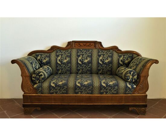 Carved and inlaid walnut wood sofa, Piedmont, early 19th century, Charles X period