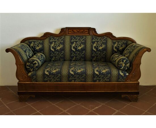 Carved and inlaid walnut wood sofa, Piedmont, early 19th century, Charles X period
