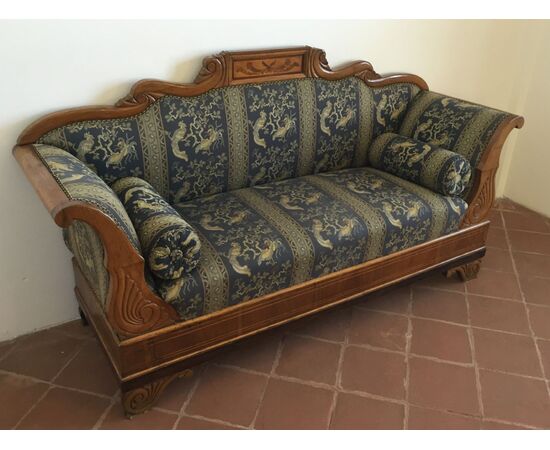 Carved and inlaid walnut wood sofa, Piedmont, early 19th century, Charles X period