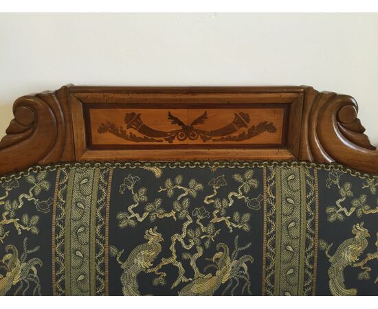 Carved and inlaid walnut wood sofa, Piedmont, early 19th century, Charles X period