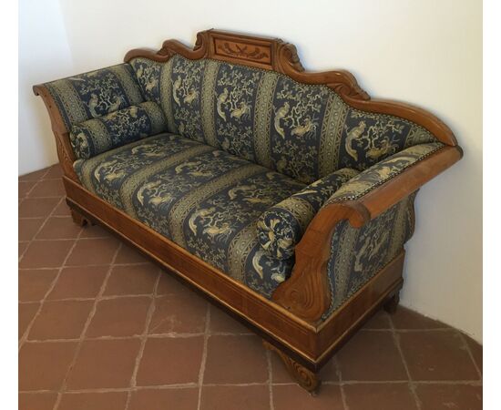 Carved and inlaid walnut wood sofa, Piedmont, early 19th century, Charles X period