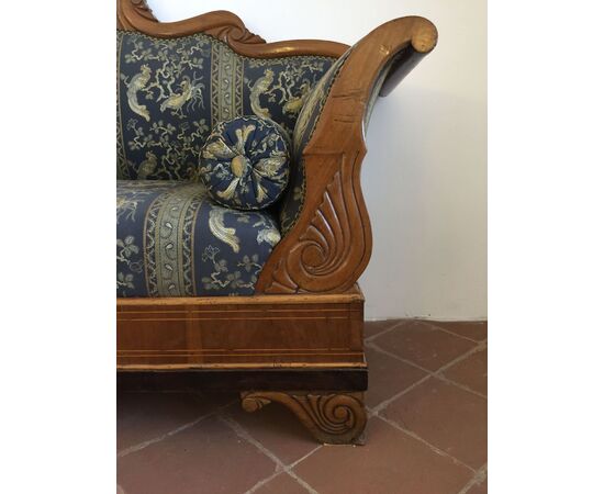 Carved and inlaid walnut wood sofa, Piedmont, early 19th century, Charles X period