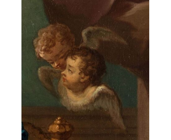 Scuola Romana del XVII secolo, Santa Cecilia con angeli in concerto, dipinto olio su tela Scuola Romana del XVII secolo, Santa Cecilia con angeli in concerto, dipinto olio su tela