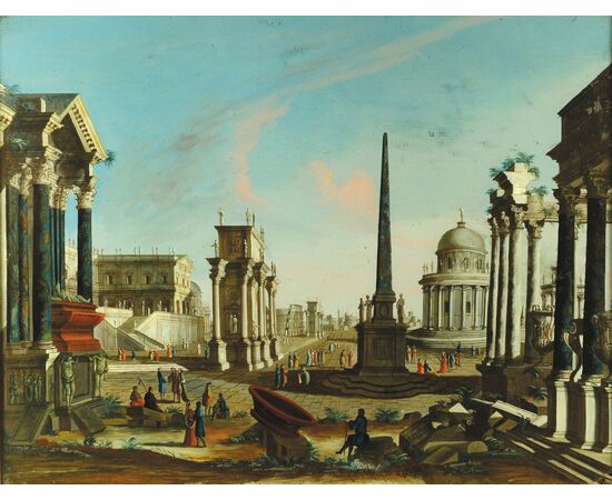 Francesco Chiarottini (1748 – 1796), Capriccio architettonico romano con personaggi, Olio su vetro Francesco Chiarottini (1748 – 1796), Capriccio architettonico romano con personaggi, Olio su vetro