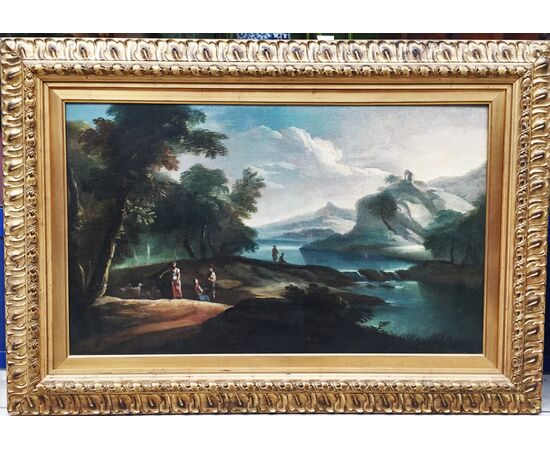 Giovanni Domenico Gambone (1720/ 1793) cerchia di, Paesaggio fluviale con viandanti e pastori, olio su tela Giovanni Domenico Gambone (1720/ 1793) cerchia di, Paesaggio fluviale con viandanti e pastori, olio su tela