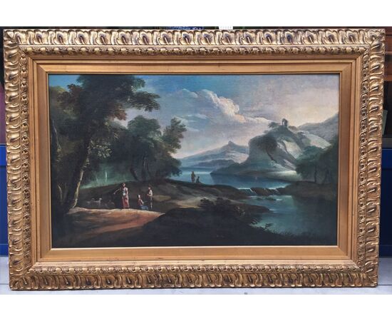 Giovanni Domenico Gambone (1720/ 1793) cerchia di, Paesaggio fluviale con viandanti e pastori, olio su tela Giovanni Domenico Gambone (1720/ 1793) cerchia di, Paesaggio fluviale con viandanti e pastori, olio su tela