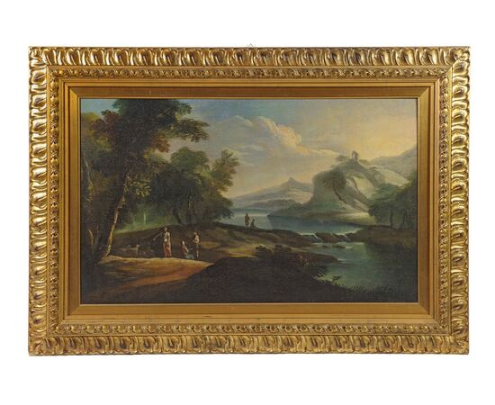 Giovanni Domenico Gambone (1720/ 1793) cerchia di, Paesaggio fluviale con viandanti e pastori, olio su tela Giovanni Domenico Gambone (1720/ 1793) cerchia di, Paesaggio fluviale con viandanti e pastori, olio su tela