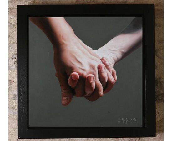 Arte contemporanea Olio su tela” Hold me ” di Filippo Manfroni al confine con l’iperrealismo