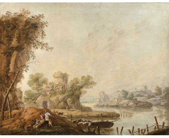 Flemish painter from the second half of the 18th century, river landscape with figures and livestock, oil on canvas