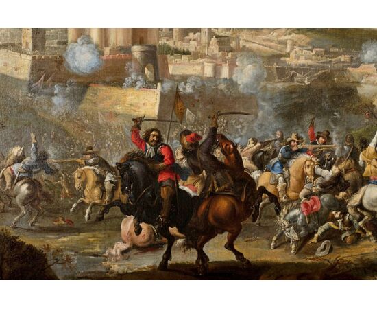 Marzio Masturzo, Battle between cavalry and vessels with fortified city on the left, oil on canvas, 17th century