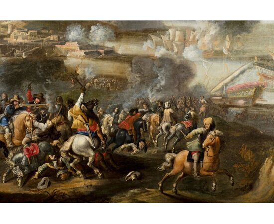 Marzio Masturzo, Battle between cavalry and vessels with fortified city on the left, oil on canvas, 17th century