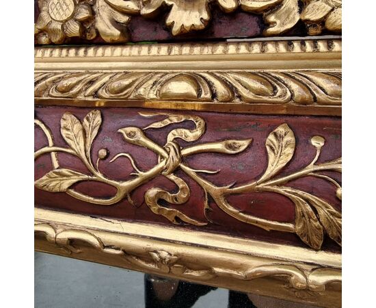 Important wooden mirror from 1850, lacquered and gilded, Venice, with frieze