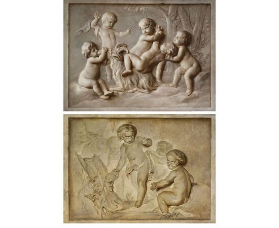 Pair of paintings, oil on canvas, depicting trompe l'oeil with putti games, attributable to Piat Joseph Sauvage (Tournai, 1744 – 1818)