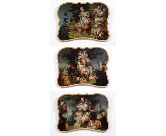 Three paintings depicting still lifes with triumphs of flowers and fruit, Michele Antonio Rapous (Turin, 1733 – 1819)