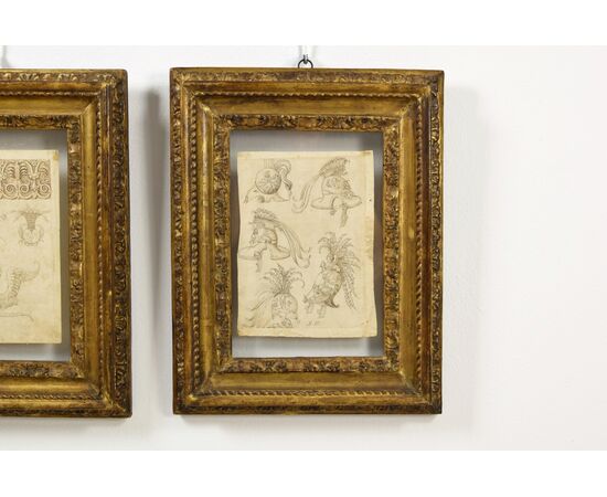 Pair of ink drawings on paper with studies for grotesques, friezes, and helmets. Central Italian painter of the 17th century