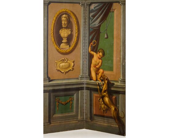 Large neoclassical screen with four panels painted in oil on canvas, Italy, second half of the 18th century