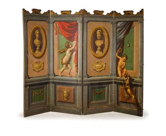 Large neoclassical screen with four panels painted in oil on canvas, Italy, second half of the 18th century