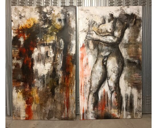 Coppia di olii su tela nudo figurativo arte moderna firmato