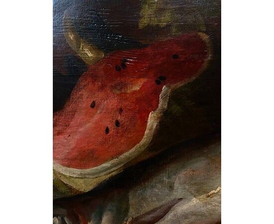 STILL LIFE WITH WATERMELON AND HAKE 19TH CENTURY OIL ON PANEL